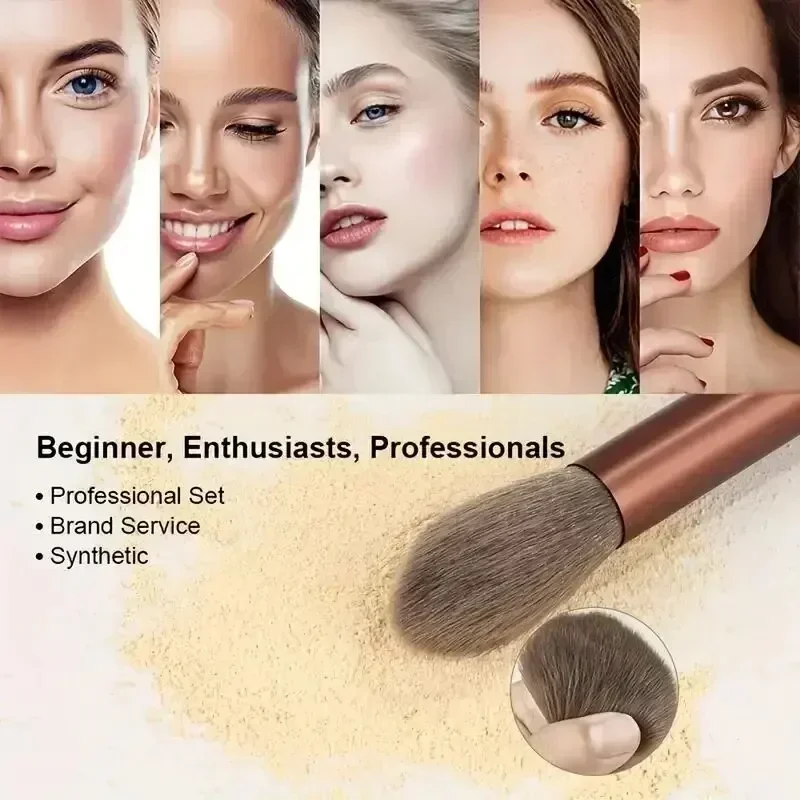 Brocha para polvos frotada sobre maquillaje en polvo junto a varios rostros maquillados.