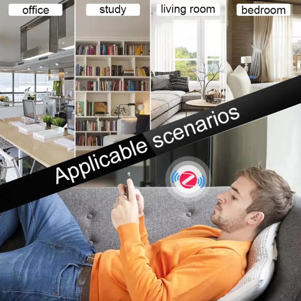 Hombre recostado en el sofá usando el teléfono móvil con vistas de oficina, estudio y recámara.