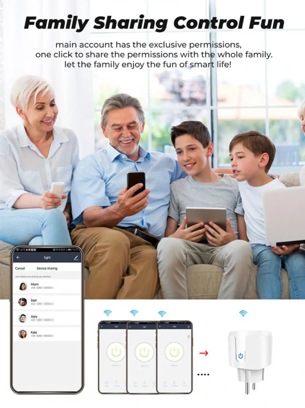 Familia sentada en el sillón utilizando sus teléfonos móviles para el control de dispositivos.